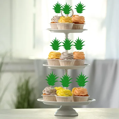Vista 5 de 36 piezas de adornos para cupcakes de piña verde con purpurina verde para Luau despedida de soltera, fiesta de verano tropical, decoración