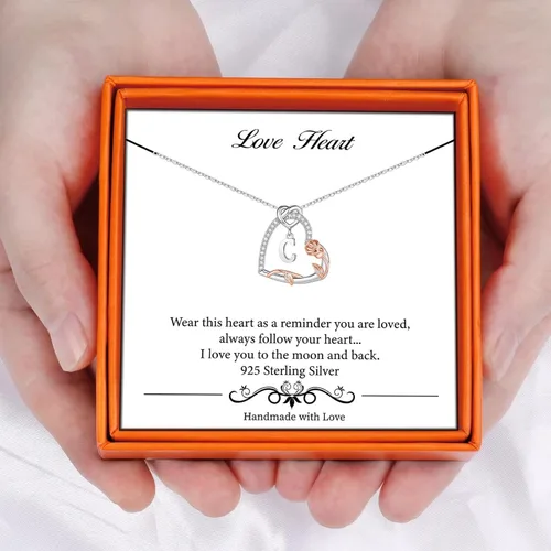 Vista 6 de Collares de plata de ley S925 con forma de corazón rosa, regalos para mujeres, collar con dije de letra inicial de corazón de circonita cúbica
