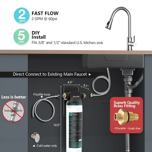 Vista 3 de Frizzlife SW15 - Sistema de filtro de agua para debajo del fregadero, certificado NSF/ANSI 53 y 42, reduce el 99,99% de plomo, cloro, mal sabor