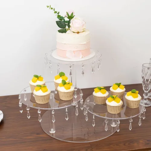 Vista 19 de Efavormart - Paquete de 2 elevadores de plástico transparente de 12 pulgadas con borde dorado para cupcakes y postres, soporte desechable para tartas