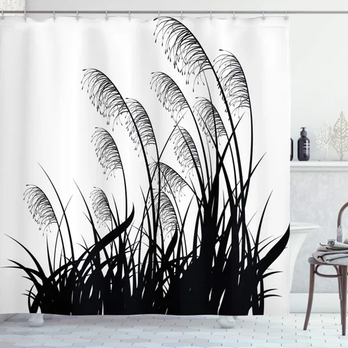 Vista 52 de Ambesonne Cortina de ducha con diseño de ciervo, silueta de animales del bosque brumoso en la naturaleza, diseño de dibujos animados, decoración