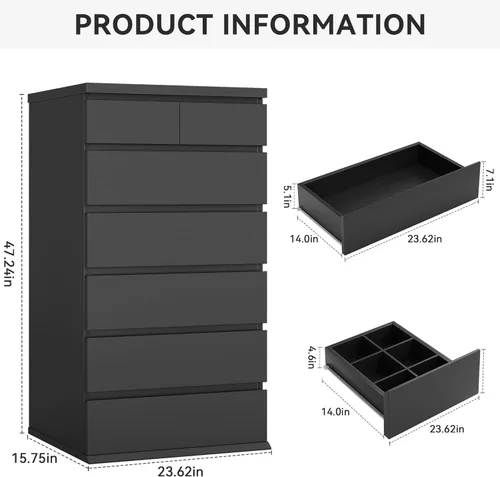 Vista 2 de Cómoda Alta Negra de 7 Cajones para Dormitorio, Cómodas y Arcones de Madera Modernos con Almacenamiento de Joyas, 23.6" L*15.8" A*47.5" Al en Cómoda