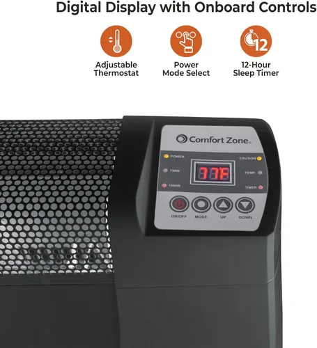 Vista 2 de Comfort Zone Calentador de espacio para zócalo con termostato digital, eléctrico, paneles finales a prueba de abolladuras, protección contra