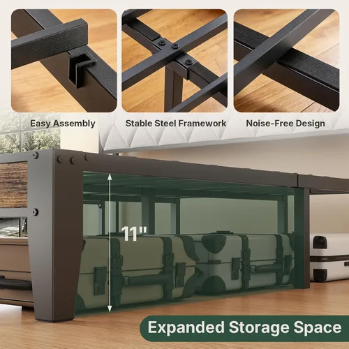 Vista 4 de Sweetcrispy Base de cama individual con cabecera tapizada, cabecera de almacenamiento con estación de carga USB, soporte de listones de metal