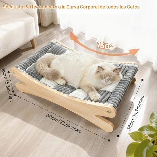 Vista 3 de Cama elevada de felpa para gatos, acogedora hamaca elevada para gatos con marco de madera maciza, cojín suave y peludo para gatos