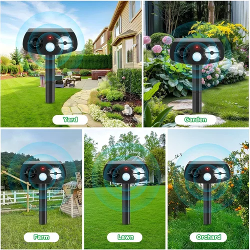 Vista 5 de Repelente solar de animales para exteriores, disuasorio ultrasónico activado por movimiento con luz LED, repelente al agua para patio, jardín