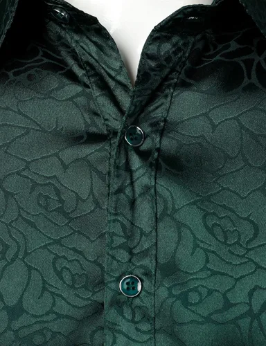 Vista 4 de ZEROYAA Camisas de vestir con botones de manga larga y estampado floral de jacquard rosa satinado brillante para hombre para fiesta de graduación