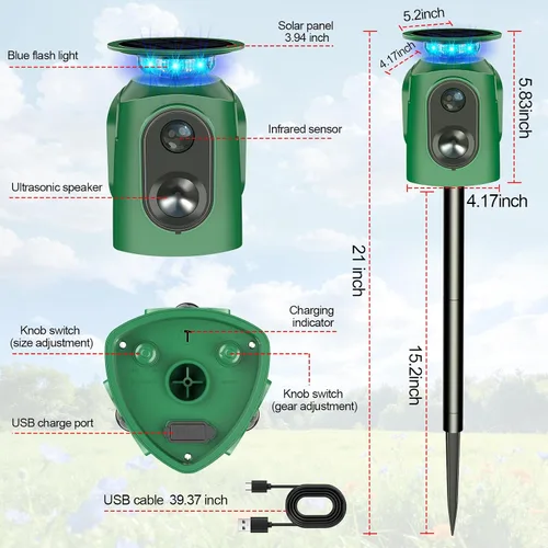 Vista 8 de Repelente ultrasónico de animales para exteriores – Repelente de gatos para exteriores y disuasorio de ciervos con sensor PIR, alimentado por