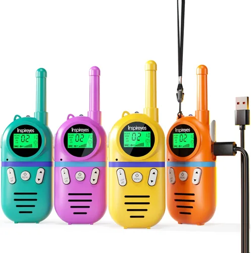 Vista 14 de Inspireyes Walkie Talkies para niños recargables, juguetes para niños y niñas de 3 a 12 años, paquete de 2 radios bidireccionales de largo alcance