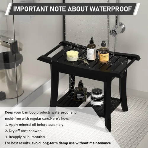 Vista 11 de Taburete Banco de Ducha de Bambú Impermeable con Estante de Almacenamiento para Afeitarse las Piernas o Asiento de Baño de Spa en el Baño y Dentro