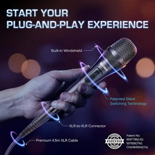 Vista 6 de CAROL AC-910S XLR Micrófono vocal con cable, cardioide dinámico con interruptor AHNC dual-engine noise canceling tech for singing, studio, and
