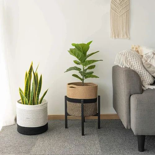 Vista 5 de Cesta tejida para macetas de interior, cesta de almacenamiento de cuerda de algodón con asa, cestas tejidas de yute para plantas de interior, maceta
