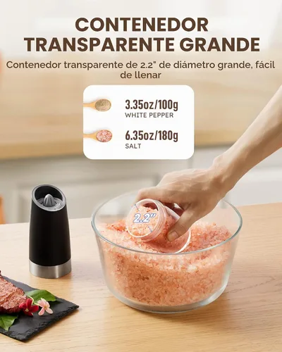 Vista 7 de Sangcon Gravity - Juego de molinillo eléctrico de sal y pimienta con agitador automático, molinillo con luz LED, FUNCIONA CON BATERÍAS, grosor