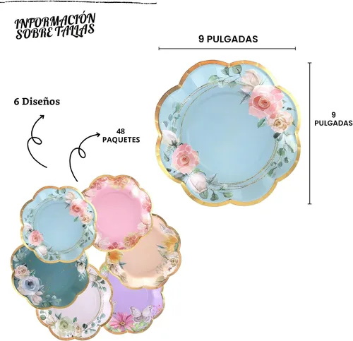 Vista 3 de Winoo Design Platos de papel florales – 48 unidades – Platos de fiesta de flores de 9 pulgadas, platos desechables florales para fiesta de té, baby