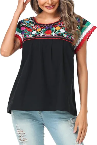Vista 5 de YZXDORWJ Blusa tradicional colorida con encaje bordado mexicano para mujer, camiseta tricolor para el día de la independencia mexicana