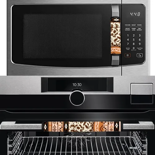 Vista 3 de Juego de 4 fundas para manijas de microondas con diseño de rayas de vaca tribal, azteca, decoración de cocina, antideslizantes, a prueba