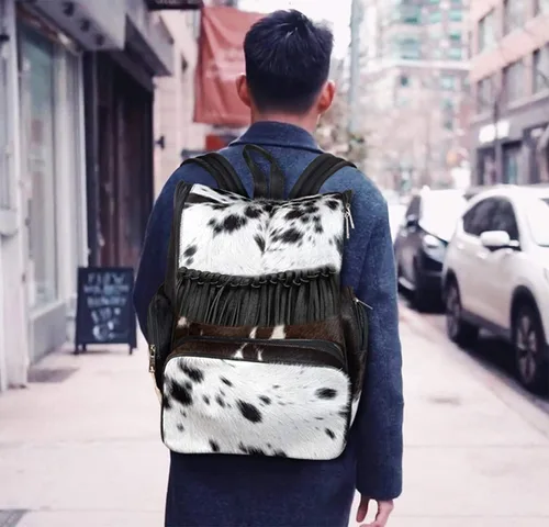 Vista 4 de LP-FACON Piel de vaca impresión de pelo de piel de cuero franja pañal mochila mochilamochila de viaje bolsa de hombro, Mochila de viaje negra