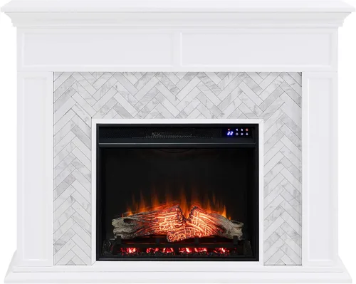 Vista 2 de SEI Furniture Torlington - Chimenea eléctrica con azulejos, blanco, mármol gris, 15 pulgadas de profundidad x 50 pulgadas de ancho x 39 pulgadas