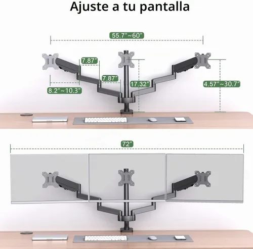 Vista 4 de Soporte de escritorio para monitor triple con resorte de gas para pantallas