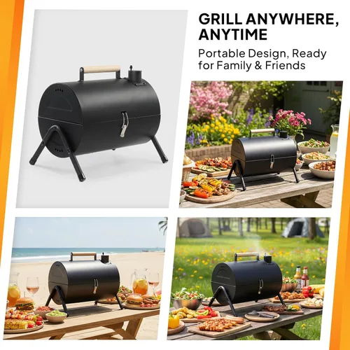 Vista 5 de VINGLI Parrilla de carbón portátil de doble cara, mango de madera, bolsa de almacenamiento, multifuncional de metal compacto de mesa para barbacoa