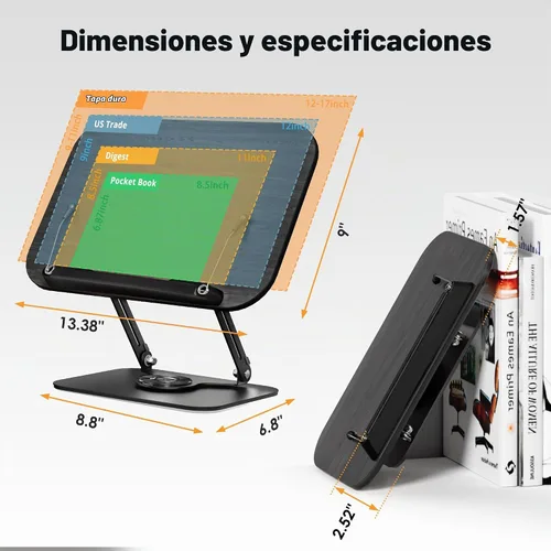 Vista 6 de SupeDesk Soporte de Libros para Lectura, Soporte de Libros Ajustable con Bases Giratorias de 360°, Diseños Plegables y Clips Elásticos, Soporte