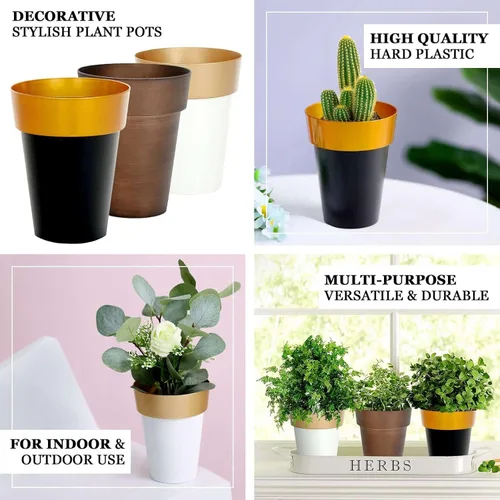 Vista 4 de Efavormart - Paquete de 2 macetas decorativas para interiores y jardines con borde blanco y dorado de 6 pulgadas