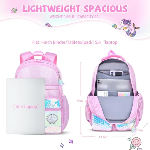 Vista 3 de Mochila para niñas, mochilas escolares de 16 pulgadas para niñas, bonita bolsa de libros para niñas, niños, estudiantes, escuela primaria, Rosa