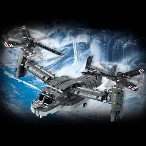 Vista 2 de Juego de bloques de construcción de helicóptero militar V-22 Osprey, 1133 piezas, modelo de avión de combate, kit de bloques de construcción, regalo