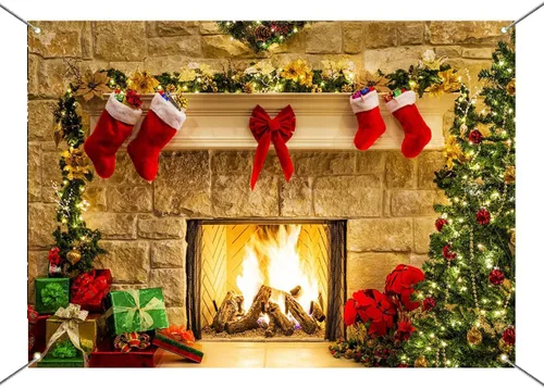 Vista 7 de Mocsicka Telón de fondo de chimenea de Navidad de 7 x 5 pies, caja de regalo de árbol de Navidad, botas rojas, fondo adornado, fondo de fotografía
