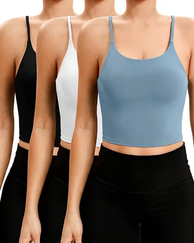 Vista 2 de 3 piezas de brasier deportivo de línea larga para mujer, con tirantes delgados, parte superior acolchada para yoga, entrenamiento, fitness, brasier