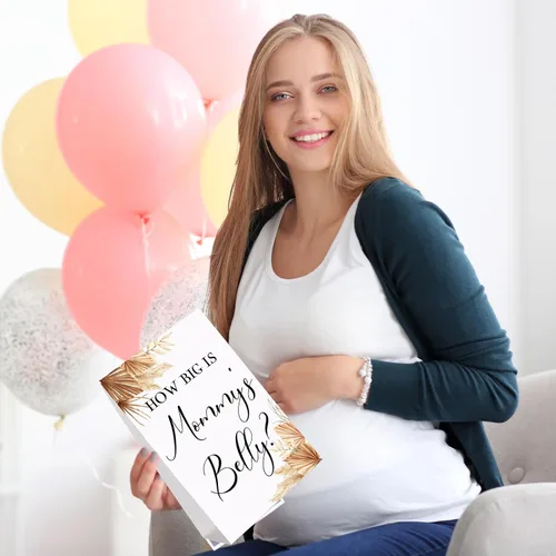 Vista 43 de Sabary 64 Piezas Juegos de Baby Shower Incluyen Letrero How Big is Mommy's Belly Sign Measure Bump Game 50 Tarjetas 10 Lápices 3 Cintas Métricas