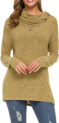 Vista 2 de WEACZZY Blusa túnica de manga larga con botones, cuello drapeado, informal, holgada para mujer.