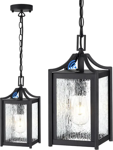 Vista 8 de Lámpara Colgante para Exteriores, 14" Luz Colgante Moderna Grande para Porche con Cadena Ajustable, Linterna Colgante Exterior Negra con Vidrio