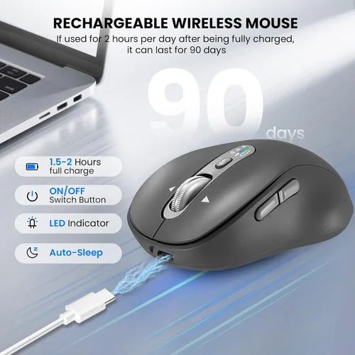 Vista 5 de Ratón Bluetooth inalámbrico, mouse Ergo para computadora multidispositivo, desplazamiento estupendo de metal de 4 vías, ± 3200 DPI, 10 botones, Plug