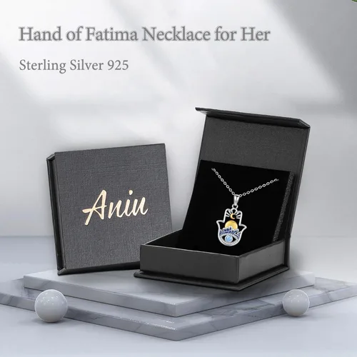 Vista 115 de Aniu Joyería de plata de ley 925 Hamsa de Fátima para mujer con circonita cúbica, viene con caja de regalo negra