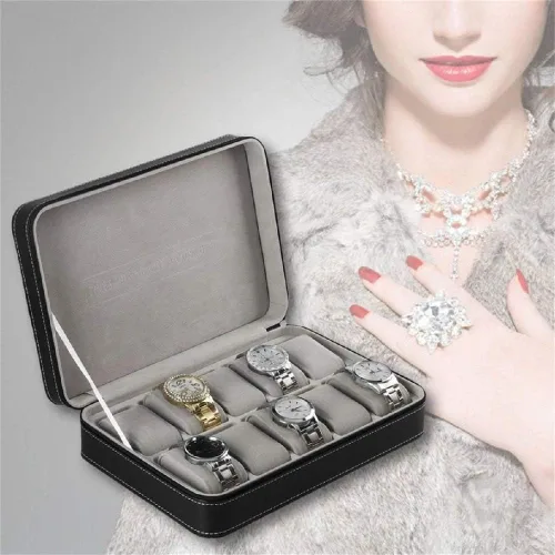 Vista 3 de Caja de reloj portátil organizador de cuero PU ataúd con cremallera estilo clásico 10 rejillas multifunción pulsera pantalla caso