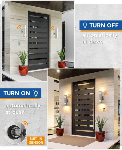 Vista 3 de TENGXIN Paquete de 2 lámparas de pared para patio del atardecer al amanecer, aplique de pared moderno para exteriores con cilindro de acero Níquel