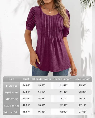 Vista 5 de Ficerd Blusa plisada de manga corta abombada para mujer, cuello redondo, elegante, casual, holgada, para primavera y verano