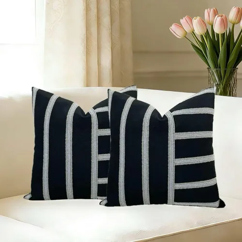 Vista 10 de Slow Cow - Juego de 2 fundas de cojín decorativas de lino en patchwork blanco roto y negro, funda de almohada rectangular para sofá, lumbar de 12 x