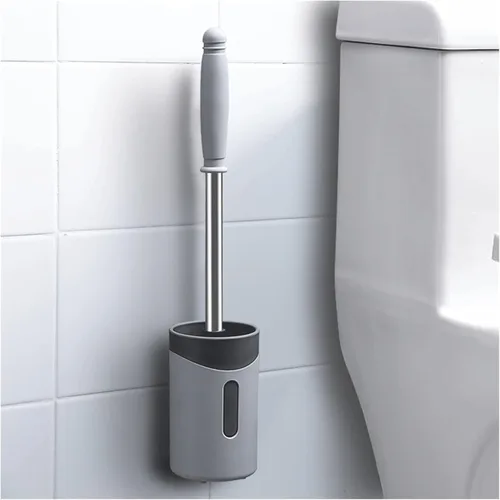 Vista 5 de Escobilla de inodoro de acero inoxidable para el hogar, cepillo de silicona de mango largo, cepillo de limpieza de baño con soporte (blanco gris)