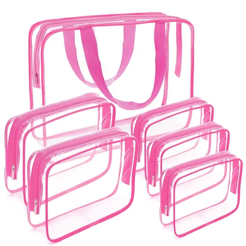 Vista 8 de APREUTY Bolsas de maquillaje transparentes, aprobadas por la TSA, juego de 3 bolsas de maquillaje grandes de PVC transparente con asa de cremallera