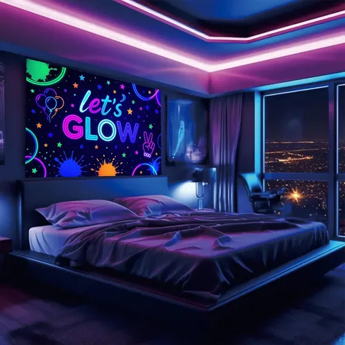 Vista 2 de Starlit Patio Let's Glow - Tapiz con luz negra, reactiva a los rayos UV, decoración de pared fluorescente con brillo de neón, 78 x 59 pulgadas
