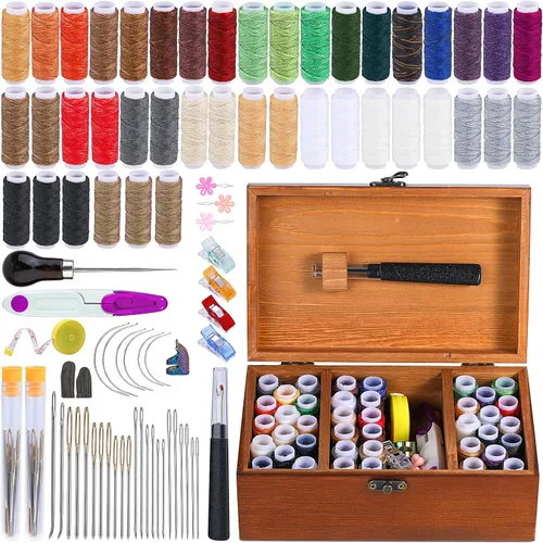 Vista 8 de BUTUZE Kit de reparación de tapicería, kit de costura de cuero, hilo de coser, hilo encerado, agujas de coser a mano resistentes, punzón de costura