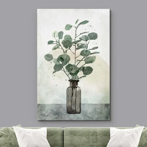 Vista 2 de wall26 Lienzo impreso para pared, diseño de hojas de bosque verde pastel, florero, naturaleza, ilustraciones de área silvestre, arte moderno