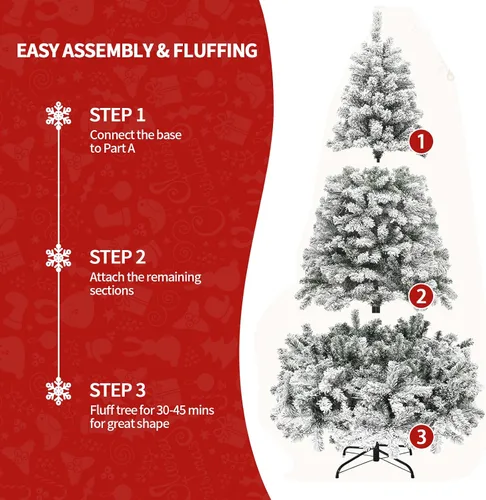 Vista 5 de Árbol de Navidad flocado de 6 pies preiluminado, árbol de Navidad artificial con control remoto, 250 luces LED de color blanco cálido y cambio