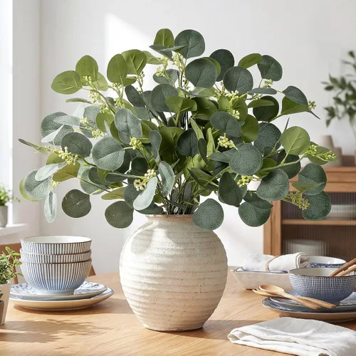 Vista 10 de Plantas artificiales de eucalipto, tallos de hojas de ficus artificiales para jarrón, hojas falsas y ramas verdes, ruscus italiano artificial