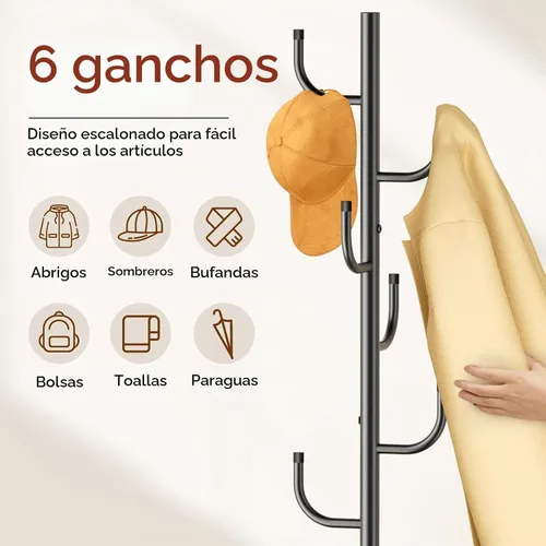 Vista 5 de MISSLO Perchero resistente independiente de 4 tamaños ajustables con base de madera estable, soporte de pie con 6 ganchos para colgar ropa, árbol