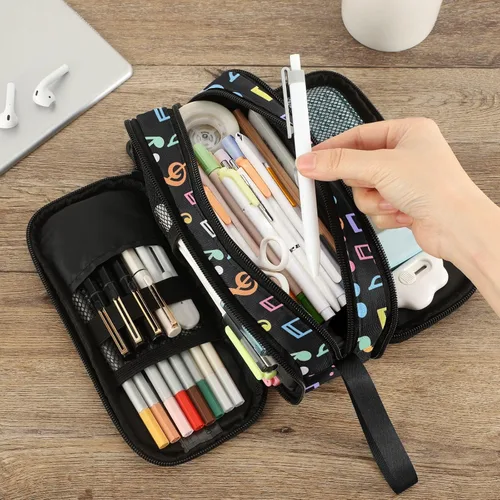 Vista 7 de Fustylead Estuche para lápices de gran capacidad para notas musicales, bolsa de maquillaje multiusos, bolsa de almacenamiento para oficina