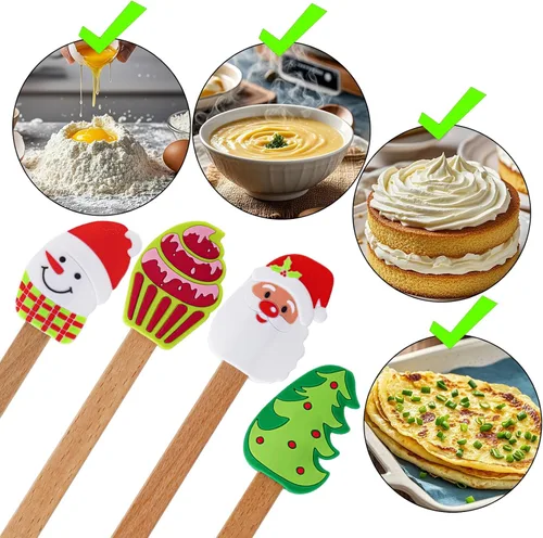 Vista 3 de 4 espátulas de silicona de Navidad con mango de madera, espátula de pastel de Navidad, muñeco de nieve, árbol de Navidad, patrón de Papá Noel