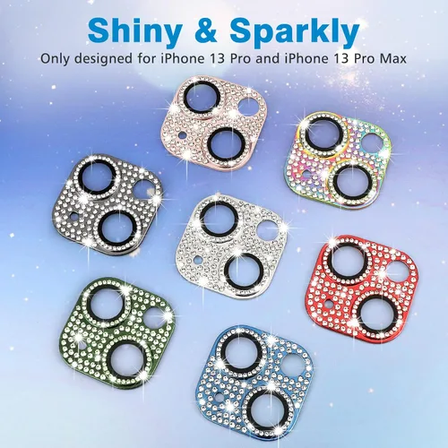 Vista 6 de Protector de lente de cámara para iPhone 13 & iPhone 13 Mini, brillante con diamantes de imitación 3D con purpurina, cubierta de cámara de vidrio